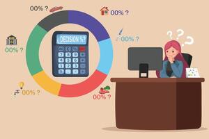 Budget Decision Planning Businesswoman Analyzing Financial Choices with Calculator, Pie Chart, and Expense Categories. vector