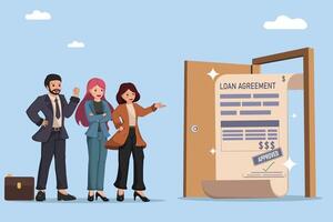 Loan Agreement Approval Happy Borrower Receiving Funds After Successful Loan Application with Signed Contract and Open Door. vector