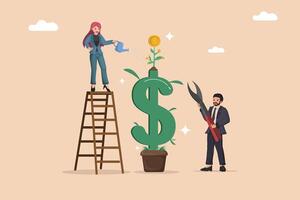 Teamwork for Wealth Growth and Investment Development with Business Characters Caring for Money Tree. vector