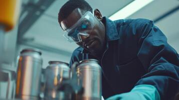 Focused industrial worker inspecting equipment in factory setting. Stream of fuel pouring photo