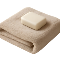 Transparent background of folded bath towel with soap in serene setting minimalist home environment for relaxation png