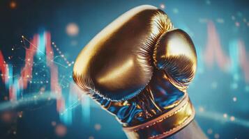 Shiny golden boxing glove against futuristic digital background symbolizing financial success and high-tech investment visualization. Ring boxing competitions photo
