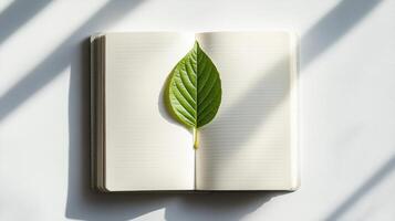 Minimalist nature design with single green leaf on open notebook for creative workspaces. Symbolism of fresh starts photo