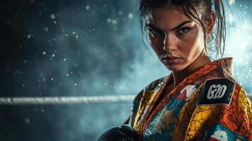 Determined young caucasian female boxer in colorful robe and gloves in a dramatic, smoky boxing ring setting. Ring boxing competitions photo