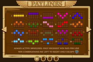 Info screen for slot game. PAYLINES game screen Egyptian slot for game development. Pop-Up game UI vector