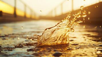 Golden splash at sunset on the pavement, capturing water's dynamic beauty. Stream of fuel pouring photo