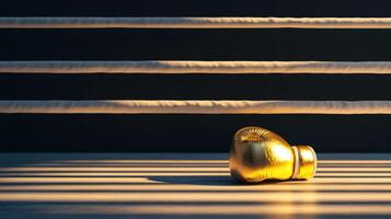 Golden boxing glove in a sunlit ring captures the essence of power and elegance in a serene athletic environment. Ring boxing competitions photo