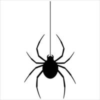 Silhouette of a spider suspended by a thread. The spider has a rounded body and eight elongated legs, with a symmetrical arrangement. vector