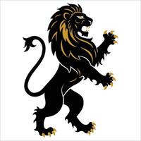 A stylized heraldic lion in a rampant pose, depicted in black with gold accents on the mane, claws, and tail tip. vector