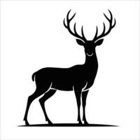 Silhouette of a deer in a standing position, showcasing large, branching antlers. The image is monochromatic, vector