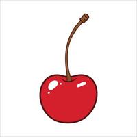 A simple illustration of a red cherry with a single long brown stem. The cherry is drawn with cartoon-like highlights, giving it a glossy appearance vector