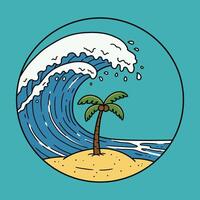 A stylized illustration features a large ocean wave curling over a small sandy island with a single palm tree. vector