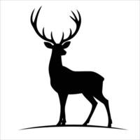 Silhouette of a deer with large, branching antlers standing on a small, curved hill. vector
