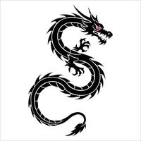 Black tribal-style dragon illustration with a sinuous, coiled body. It features sharp, jagged spines along its back, fierce facial expression vector