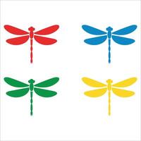 Four stylized dragonfly silhouettes in vibrant colors are arranged on a white background. vector