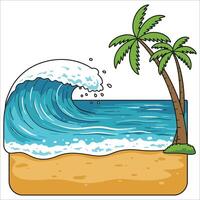 Illustration of a vibrant seascape featuring a large, curling wave with white foam, approaching a sandy beach. vector