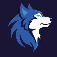 Illustration of a wolf's head, designed in a contemporary, geometric style. The wolf is depicted in shades of blue and white, creating sharp contrasts. vector