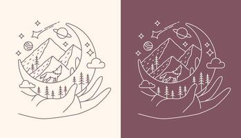 Beautiful line art. hand and mountain views design vector