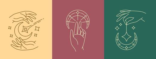 Hand and moon line art design vector