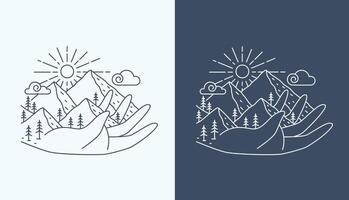 Line art hand and mountain view design vector