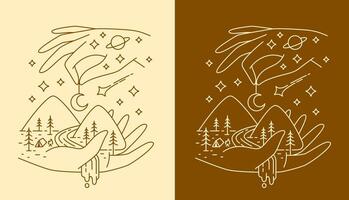 Line art hand and mountain views design vector
