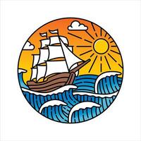 Scenery sailing boat in the frame illustration vector