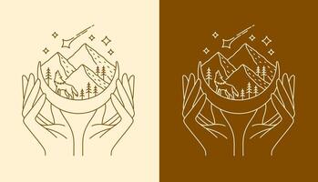Line art hand and mountain at night views design vector