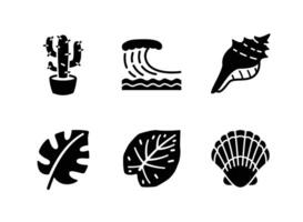 Cactus Potted, Sea Wave, Seashell, Tropical Leaf, Seashell Solid Icons vector
