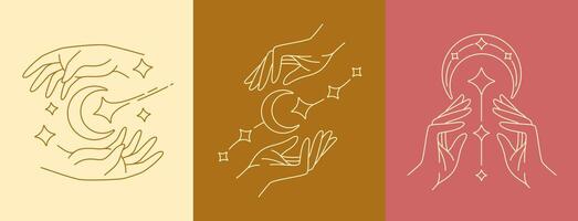 Beautiful hand and moon line art design collection vector