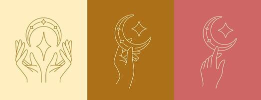 Hand and moon line art design color collection vector
