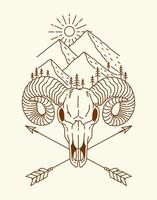 Sheep skull an mountain line art illustration vector