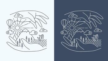 Beautiful line art hand and mountain views design vector