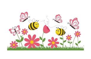 Lush Floral Paradise with Bees and Butterflies in a Sunny Spring Setting vector