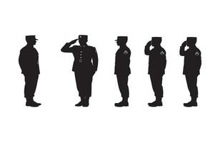 Silhouetted officers standing at attention saluting in a synchronized military stance vector