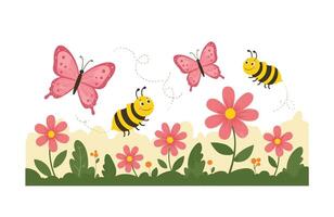 Magical Animated Garden Scene with Playful Bees and Butterflies vector