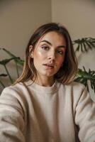 Natural beauty shines in cozy sweater against a backdrop of lush greenery indoors photo