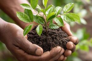 Hands cradling saplings as symbols of hope and life in the warm embrace of earth during a global environmental initiative photo