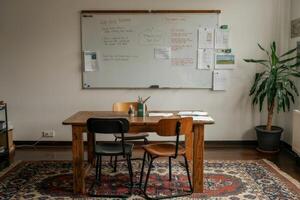 Cozy workspace featuring a wooden table, colorful rug, and a vibrant whiteboard filled with creative notes and ideas photo