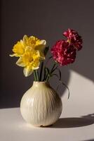Bright daffodil and deep burgundy carnation embrace in textured fennel bulb vase against moody gray backdrop photo