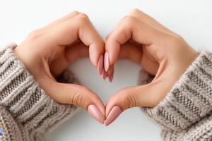 Creating a heart shape with hands against a clean white backdrop expresses love and connection photo