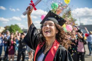 Celebrating achievement in cap and gown, young woman holds diploma high amidst joyful cheers and colorful confetti photo