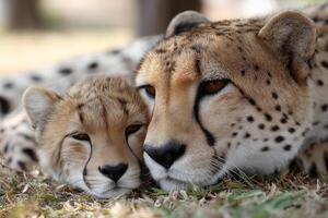 Joyful moments of a mother cheetah cuddling her precious cub on the sunlit savanna plains photo