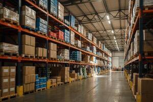 Spacious industrial warehouse filled with stacked boxes and organized shelving units photo