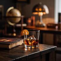 Warm evening with a whiskey glass resting on a wooden table in a cozy, dimly lit study adorned with vintage decor photo