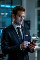 Dramatic portrait of a confident professional absorbed in mobile technology at night photo