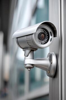 Focus on security with a surveillance camera installed on a modern building exterior photo