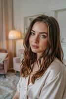 Captivating portrait of a young woman in a serene living room during soft afternoon light photo