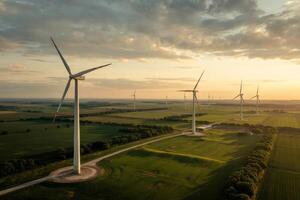 Vast green fields adorned with towering wind turbines at sunset near a serene rural landscape photo