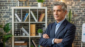 Confident businessman stands with crossed arms in a modern office space with stylish decor and warm lighting photo