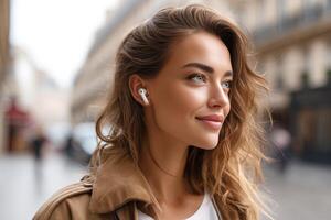 Smiling woman enjoying a sunny morning stroll in France while listening to music with Bluetooth headphones photo